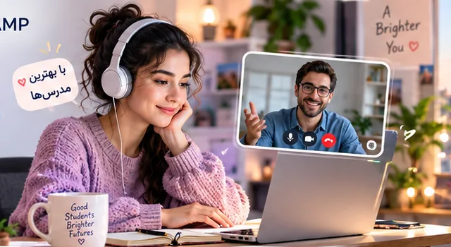 زبان‌آموز در حال یادگیری آنلاین